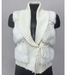 Vintage Les Tricots Faux Fur Wool Blend Cableknit Sweater Vest Sz S Tie Y2K Boho